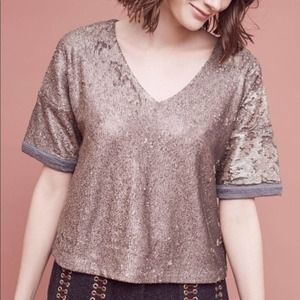 ANTHROPOLOGIE Deletta Sequin V-Neck Top Shirt Sweatshirt Bronze Grey Small